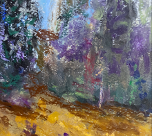 Load image into Gallery viewer, Close up texture from an oil pastel drawing of a foggy Lake Tahoe tree line.