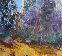 Load image into Gallery viewer, Close up texture from an oil pastel drawing of a foggy Lake Tahoe tree line.
